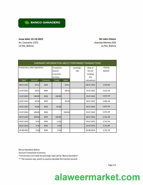 Bolivia Banco Ganadero bank statement template in Excel and PDF format
